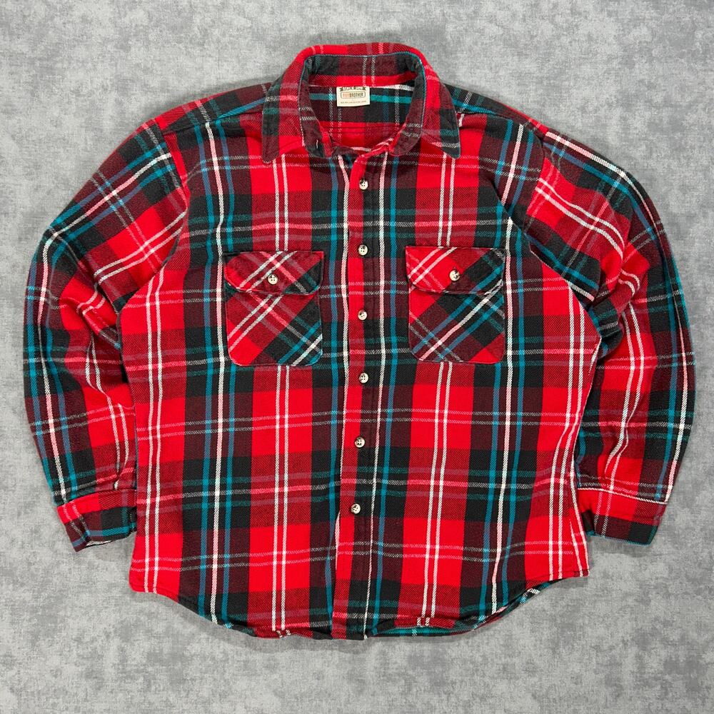 VTG 90s FiveBrother red plaid outdoors casual button up flannel mens L boxy fit